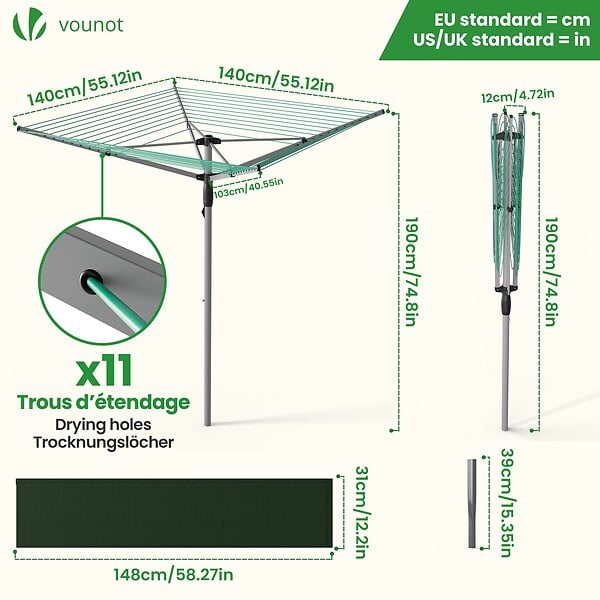 VOUNOT - Etendoir a Linge Exterieur Rotatif avec housse de protection et Surface etendage 45m Argent Vert - large