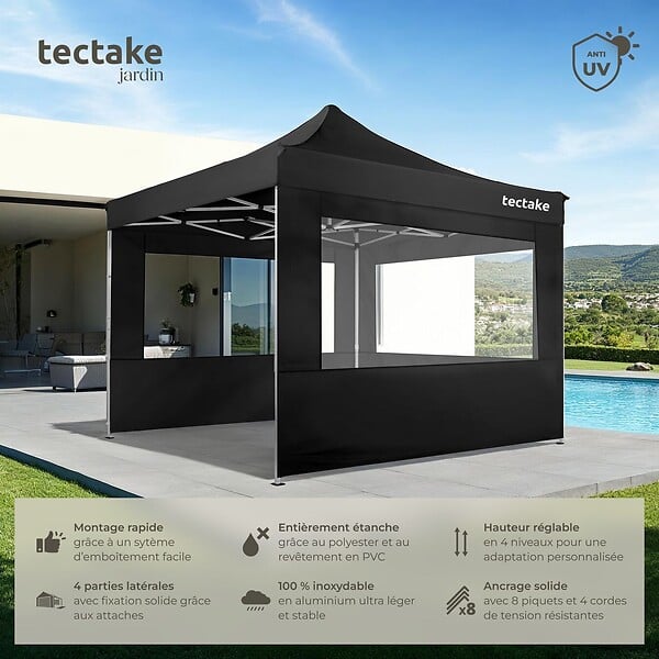 TECTAKE - Pavillon de jardin pliable en aluminium 3 x 3 m avec 4 parois latérales noir - large