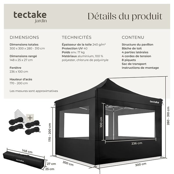 TECTAKE - Pavillon de jardin pliable en aluminium 3 x 3 m avec 4 parois latérales noir - large