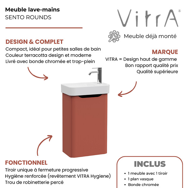 VITRA - Meuble lave mains VitrA Sento Round terracotta avec plan vasque céramique 45 cm - large