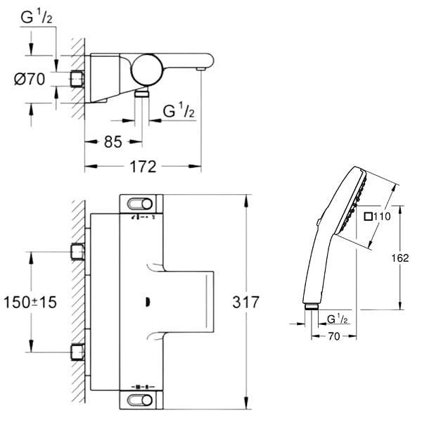 GROHE - Pack mitigeur bain thermostatique Grohtherm 2000 + Douchette 2 jets Vitalio Comfort 110 + Flexible - large