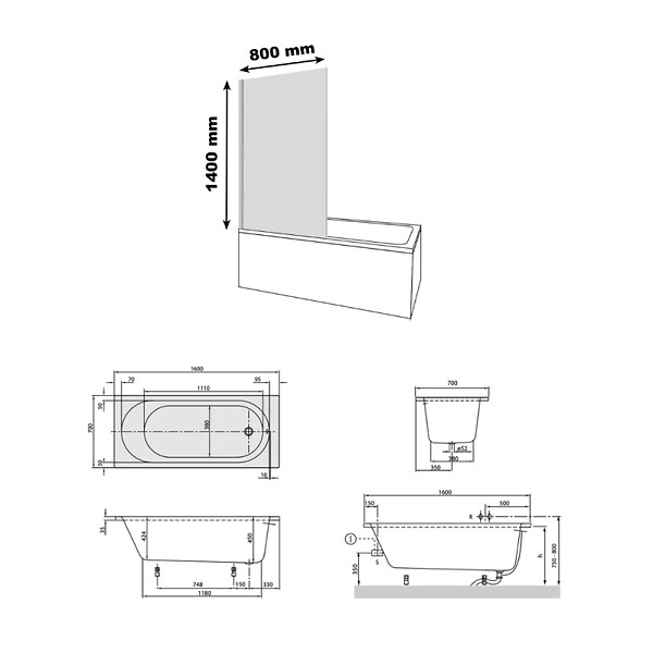 VILLEROY ET BOCH - Baignoire droite avec pieds 160 x 70 cm O.Novo Blanc + Pare Bain gauche AURYS Raywall chromé - large