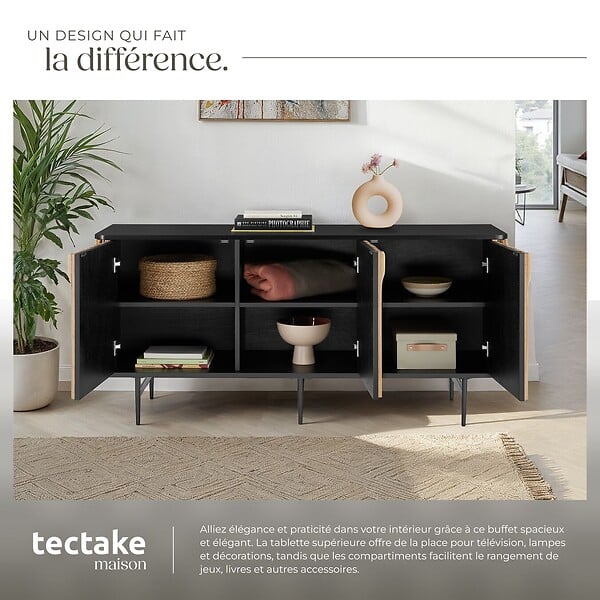 TECTAKE - Buffet LINEO avec compartiments de rangement noir/marron - large