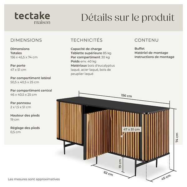 TECTAKE - Buffet LINEO avec compartiments de rangement noir/marron - large