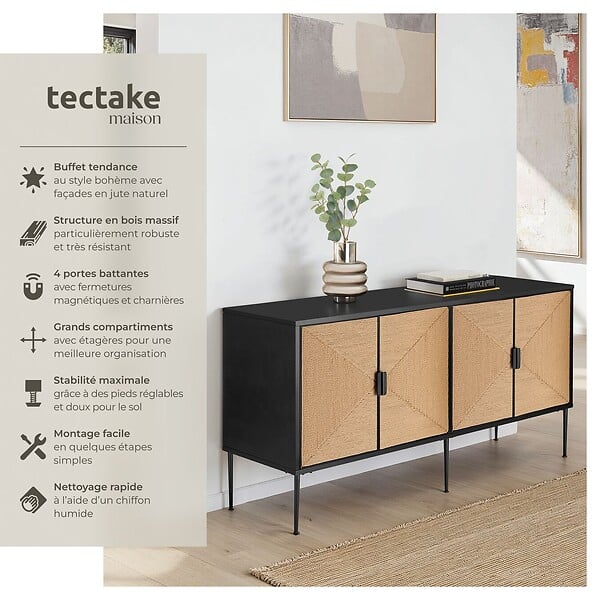 TECTAKE - Buffet JUNA portes effet jute avec 2 compartiments de rangement noir/marron - large