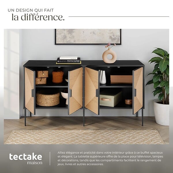 TECTAKE - Buffet JUNA portes effet jute avec 2 compartiments de rangement noir/marron - large