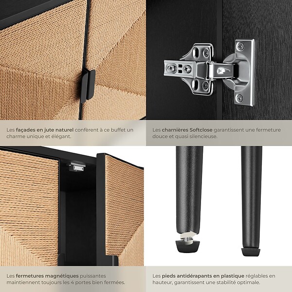 TECTAKE - Buffet JUNA portes effet jute avec 2 compartiments de rangement noir/marron - large