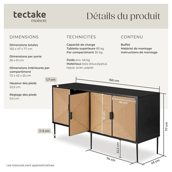 TECTAKE - Buffet JUNA portes effet jute avec 2 compartiments de rangement noir/marron - large