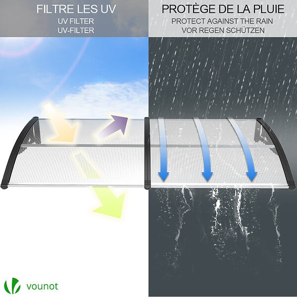 VOUNOT - Auvent de porte marquise 200x80 cm transparent en Polycarbonate anti UV Noir - large