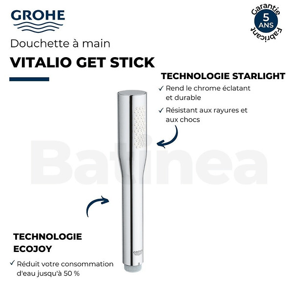 GROHE - Pack mitigeur thermostatique Trend avec colonnettes + Douchette 1 jet Vitalio Get Stick + Flexible 1750 mm - large