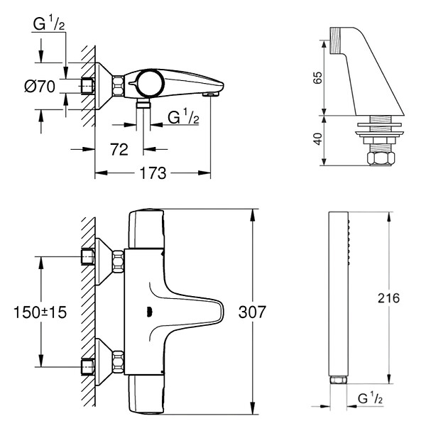 GROHE - Pack mitigeur thermostatique Trend avec colonnettes + Douchette 1 jet Vitalio Get Stick + Flexible 1750 mm - large