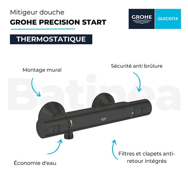 GROHE - Pack mitigeur douche thermostatique Precision Start noir mat + ensemble Vitalio Start avec barre - large