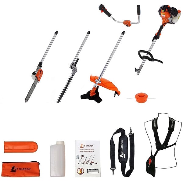 GT GARDEN - Multifonction thermique 4 en 1 avec guidon : tronçonneuse - débroussailleuse - taille-haies - large