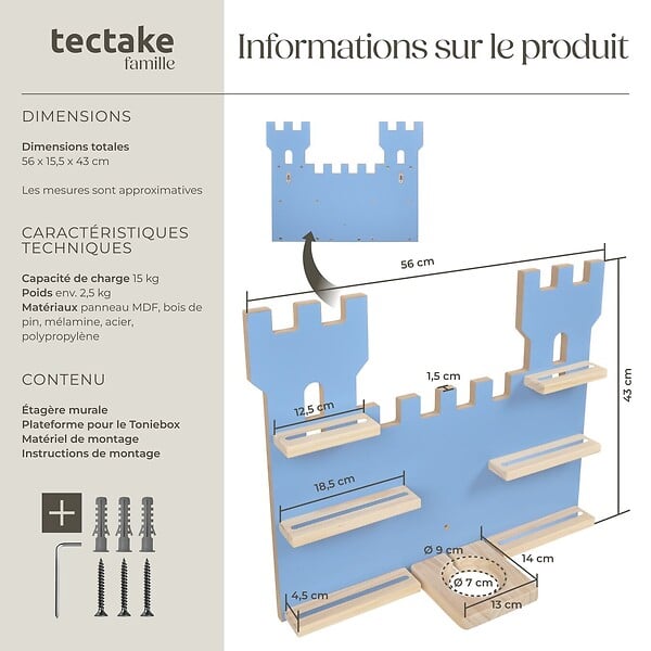 TECTAKE - Étagère murale MyLittleStory Fortress pour jusqu'à 16 Tonies bleu - large
