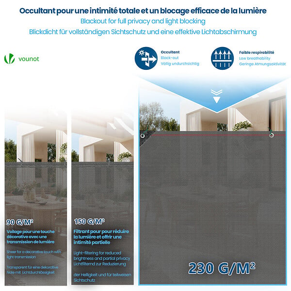 VOUNOT - Brise vue occultant en HDPE 230g/m² 1.8x10m avec attaches de fixation gris - large