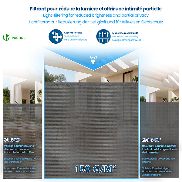 VOUNOT - Brise vue occultant en HDPE 150g/m² 1.5x20m avec attaches de fixation gris - large