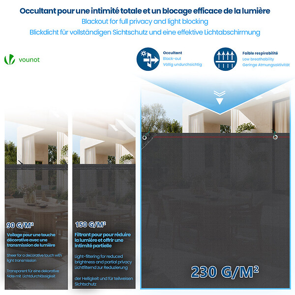 VOUNOT - Brise vue occultant en HDPE 230g/m² 1x10m avec attaches de fixation anthracite - large