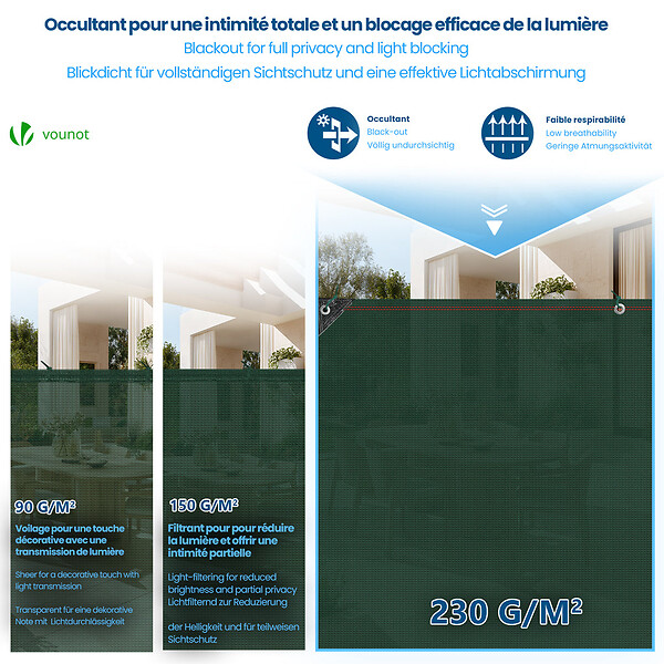 VOUNOT - Brise vue occultant en HDPE 230g/m² 1.8x20m avec attaches de fixation vert - large