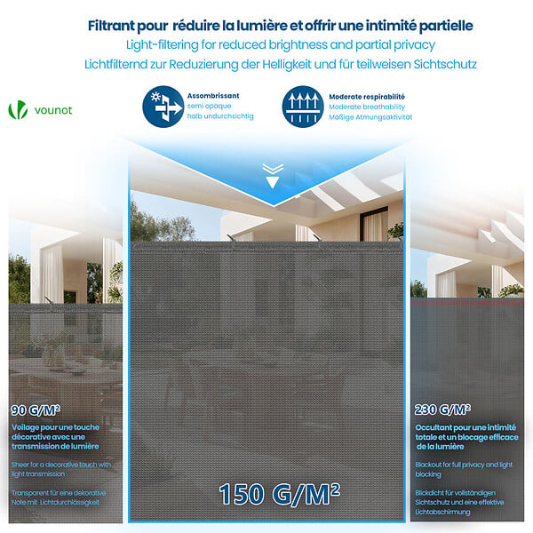 VOUNOT - Brise vue occultant en HDPE 150g/m² 1.8x20m avec attaches de fixation gris - large