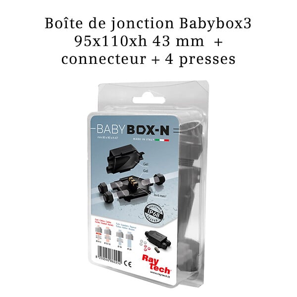 RAYTECH - RAYTECH Boîte de jonction Babybox3 95x110xh 43 mm + connecteur + 4 presses étoupes - large
