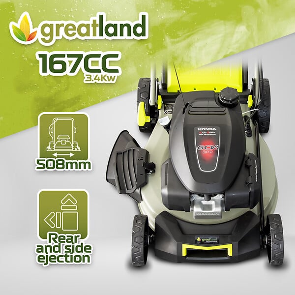 GREATLAND - Tondeuse thermique tractée 167CC avec moteur Honda, mulching et éjection latérale - large