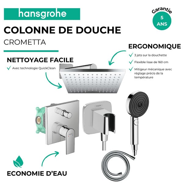 HANSGROHE - Colonne de douche encastrée mécanique Vernis Shape Douche de tête Vernis Shape Flexible Isiflex Douchette Pulsify chromé - large
