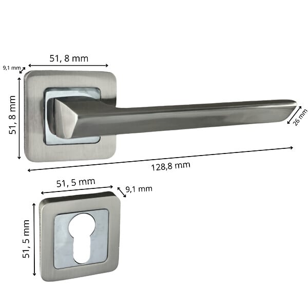 SECURY-T - Poignées de porte sur rosace chromées satinées - Modèle Morgan Trou de cylindre i - large