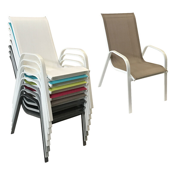 HAPPY GARDEN - Lot de 8 chaises MARBELLA en textilène taupe - aluminium blanc - large