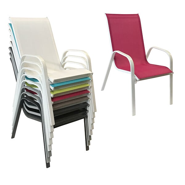 HAPPY GARDEN - Lot de 8 chaises MARBELLA en textilène rose - aluminium blanc - large