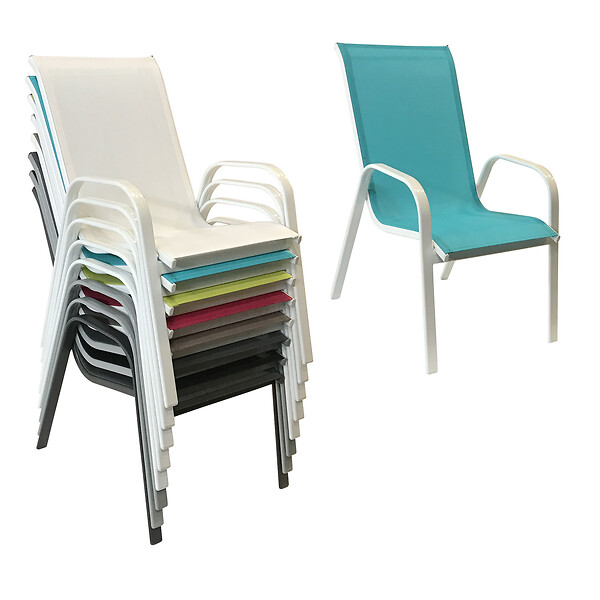 HAPPY GARDEN - Lot de 8 chaises MARBELLA en textilène bleu - aluminium blanc - large