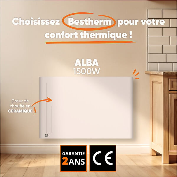 BESTHERM - Radiateur électrique fixe à inertie sèche céramique - BESTHERM - ALBA 1500W - horizontal blanc - large