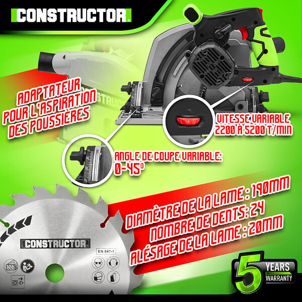 CONSTRUCTOR - Scie circulaire plongeante 1400W avec rail de guidage - Lame 190mm 24 dents - large