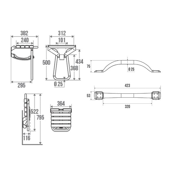 PELLET - Pack avec siège de douche PMR escamotable noir mat + 2 barres d'appui 42,5 cm - large