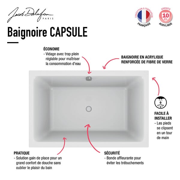 JACOB DELAFON - Baignoire bain douche Capsule compacte et profonde 140 x 90 cm - large