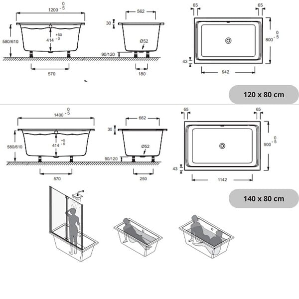 JACOB DELAFON - Baignoire bain douche Capsule compacte et profonde 140 x 90 cm - large