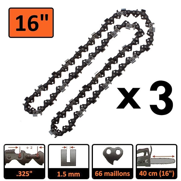 GT GARDEN - Guide 16 pouces (40 cm) avec lot de 3 chaînes 66 maillons pour tronçonneuse - large