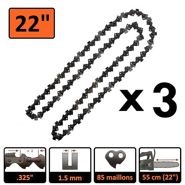 GT GARDEN - Guide 22 pouces (55 cm) avec lot de 3 chaînes 85 maillons pour tronçonneuse - large