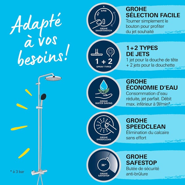 GROHE - Colonne bain douche thermostatique Vitalio Start System chromé + Tablette de douche d'angle Start Cube - large