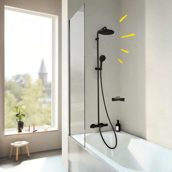 GROHE - Colonne bain douche thermostatique Vitalio Start System noir mat + Tablette de douche d'angle  Start Cube - large