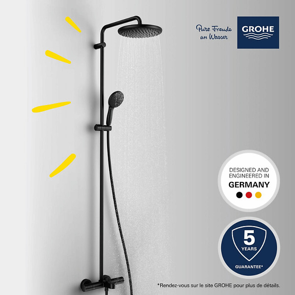 GROHE - Colonne bain douche thermostatique Vitalio Start System noir mat + Tablette de douche d'angle  Start Cube - large