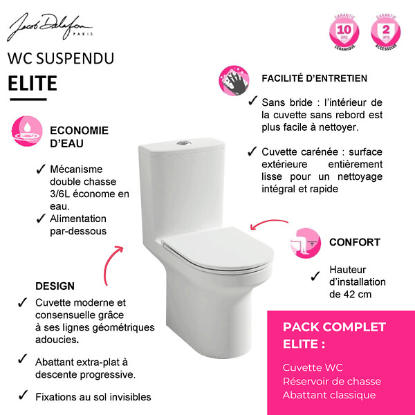 JACOB DELAFON - WC à poser sans bride sortie horizontale Elite avec abattant frein de chute + Porte-rouleau Moderne Chromé - large