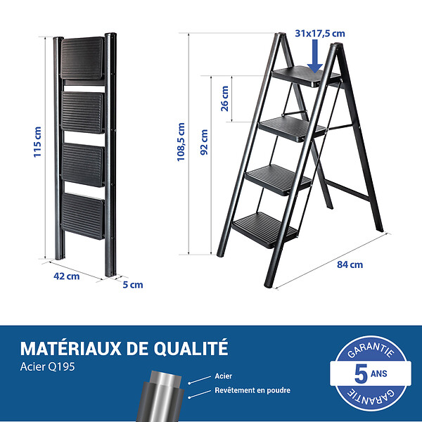 HOSTRÃ–M - Escabeau 4 marches FOLDPACT4, Marche pied pliable, Design ultra-compact, Marches larges 17,5 cm, Acier, Etagère temporaire, Garantie 5 ans, Hostrom - large