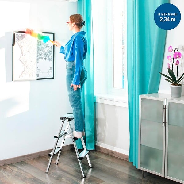 HOSTRÃ–M - Escabeau marche pied 3 marches HOMILIX3, petit escabeau pliable, aluminium, design compact et robuste, H max travail 2,34m, 5 ans garantie, Hostrom - large