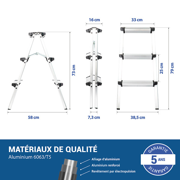 HOSTRÃ–M - Escabeau marche pied 3 marches HOMILIX3, petit escabeau pliable, aluminium, design compact et robuste, H max travail 2,34m, 5 ans garantie, Hostrom - large
