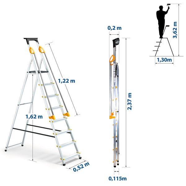 HOSTRÃ–M - Escabeau 8 marches DURAMP sécurisé avec rampes, tablette porte-outils, marchepied pliable aluminium, hauteur plateforme 162cm, garantie 5 ans Hoström - large