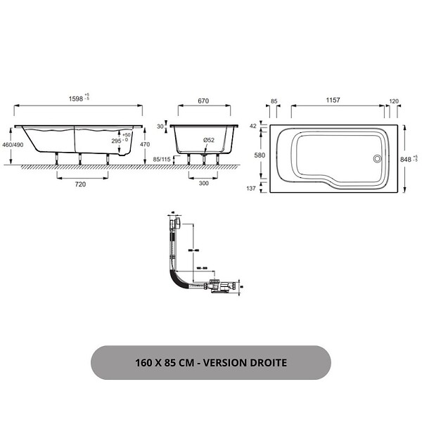 JACOB DELAFON - Baignoire bain douche Malice 160 x 85 cm version Droite, Blanc mat - large