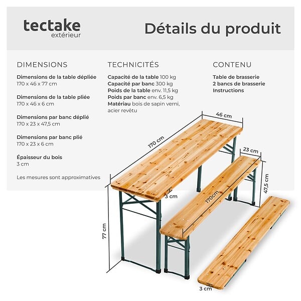 TECTAKE - Ensemble table et bancs bois de sapin pliable pour 8 personnes en marron et acier stable - large