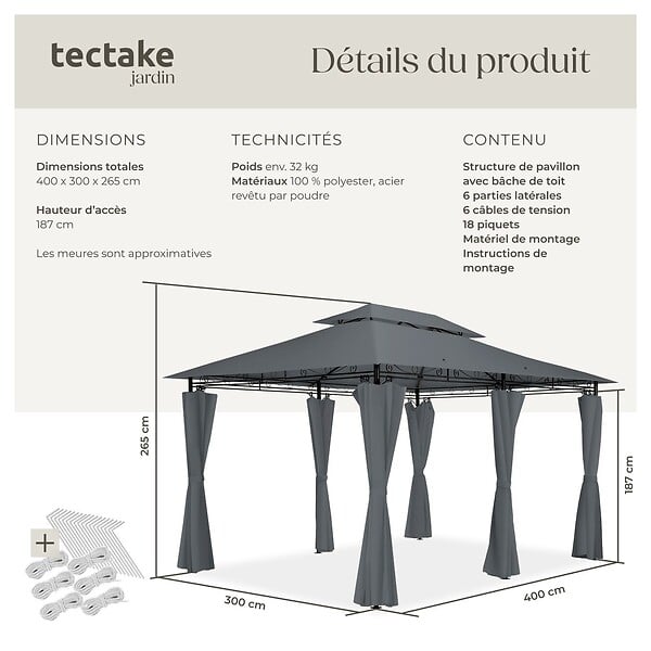 TECTAKE - Tonnelle Emine 4 x 3 m gris anthracite - large