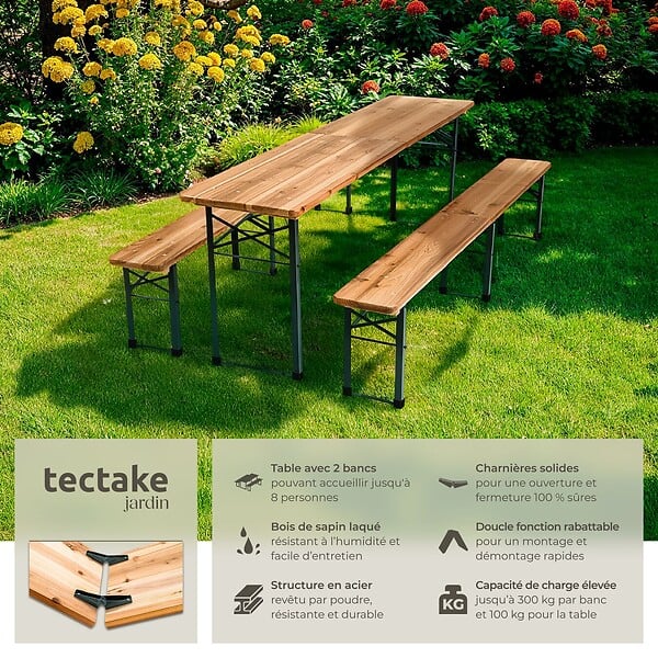 TECTAKE - Ensemble table brasserie bancs pliable en sapin marron 220x50 5x77 cm - large