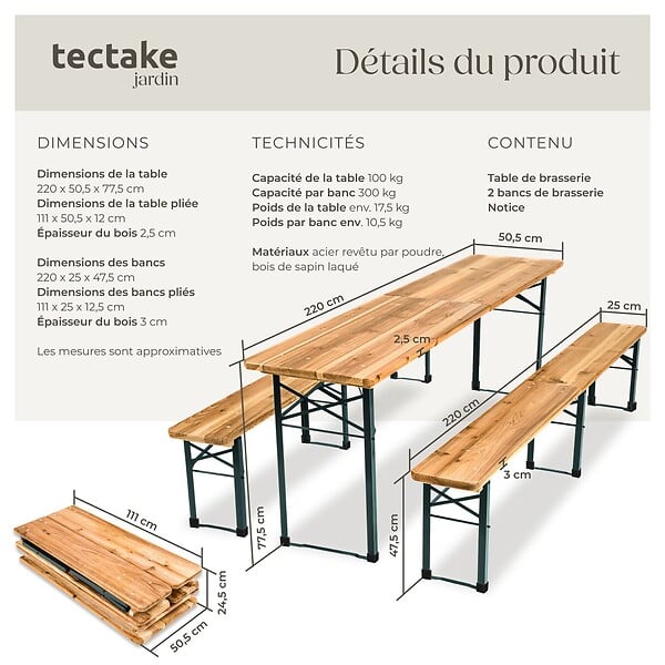 TECTAKE - Ensemble table brasserie bancs pliable en sapin marron 220x50 5x77 cm - large